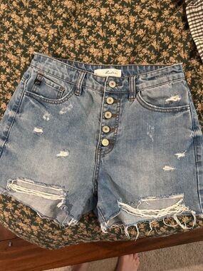 KanCan Light Blue Distressed Button-Fly Jean Shorts